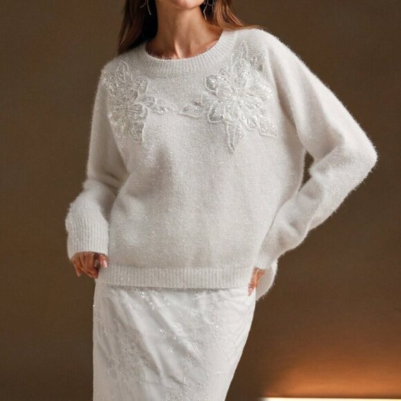 White Casual Women's Elegant Sequin Floral Round Neck Loose Sweater - Picture 3 of 8